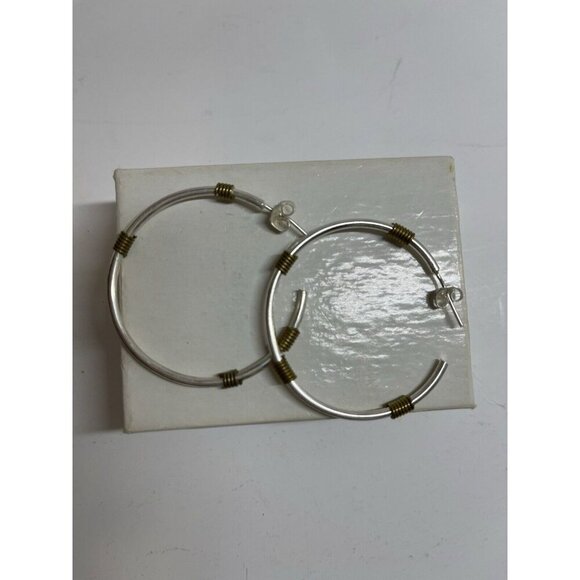 Silver Tone With Gold Tone Design Hoops Pierced Earrings - Picture 3 of 3